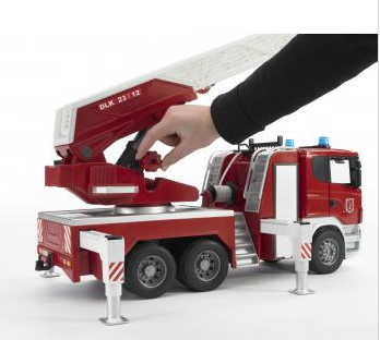 Bruder Scania R-Serie Feuerwehrleiterwagen und Light & Sound 03590 Wasserpumpe 
