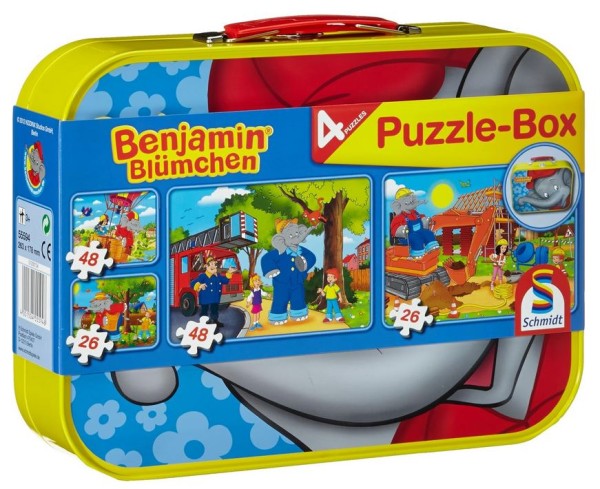 Benjamin Blümchen, 4 Kinderpuzzle im Metallkoffer, 2x26 und 2x48 Teile