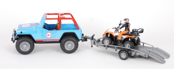 Bruder 01696 Jeep Cross Country Racer blau, Fahrer, Anhänger und Quad