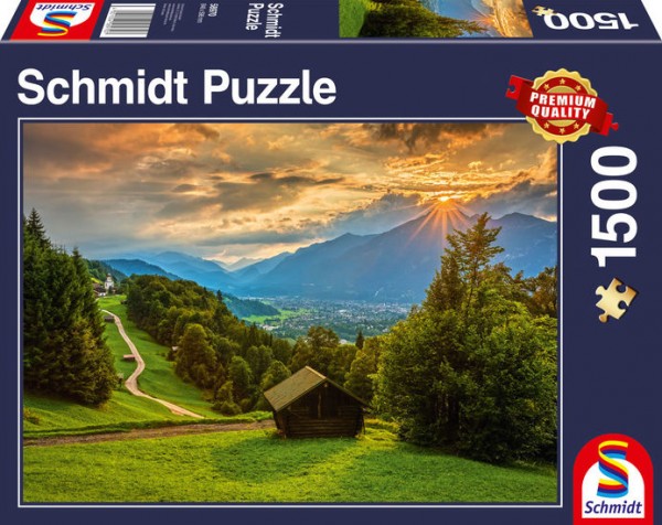 Puzzle: Sonnenuntergang über dem Bergdorf Wamberg, 1500Teile
